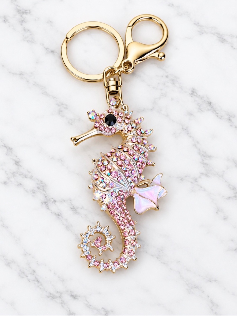 Pink Crystal Seahorse Bag Charm/Keyring - Gold Tone Accent